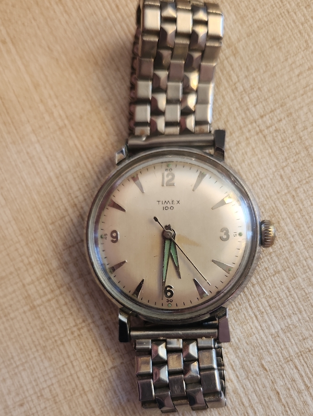 Vintage Timex Men's Silver Watch with Luminous Green Hands